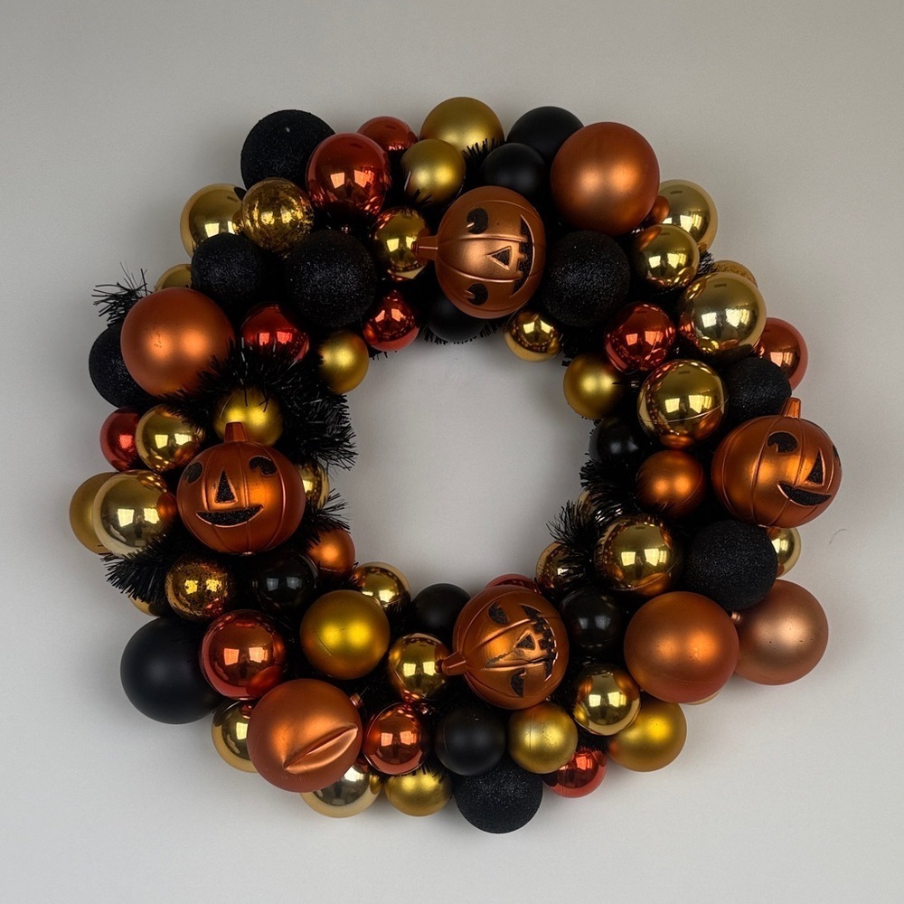 Halloween Shatterproof Ornament  Orange Black Gold Shiny Wreath Festive Spooky